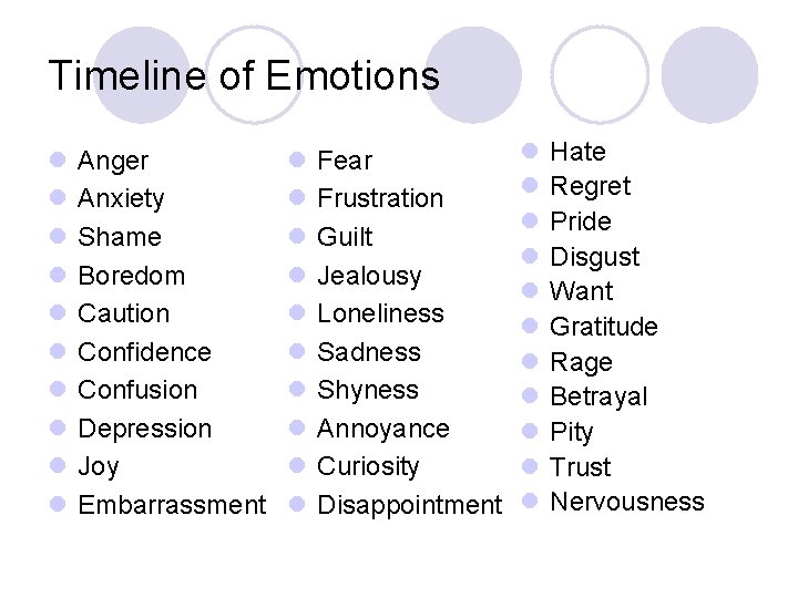 Timeline of Emotions l l l l l Anger Anxiety Shame Boredom Caution Confidence