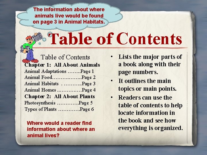 The information about where animals live would be found on page 3 in Animal