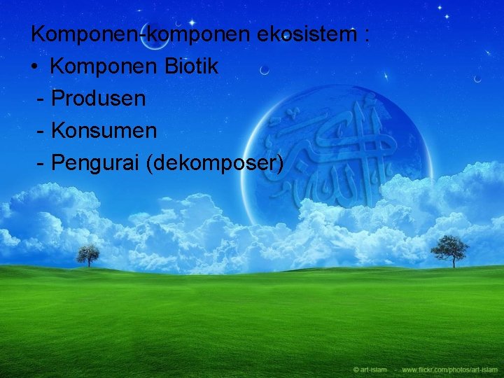 Komponen-komponen ekosistem : • Komponen Biotik - Produsen - Konsumen - Pengurai (dekomposer) 