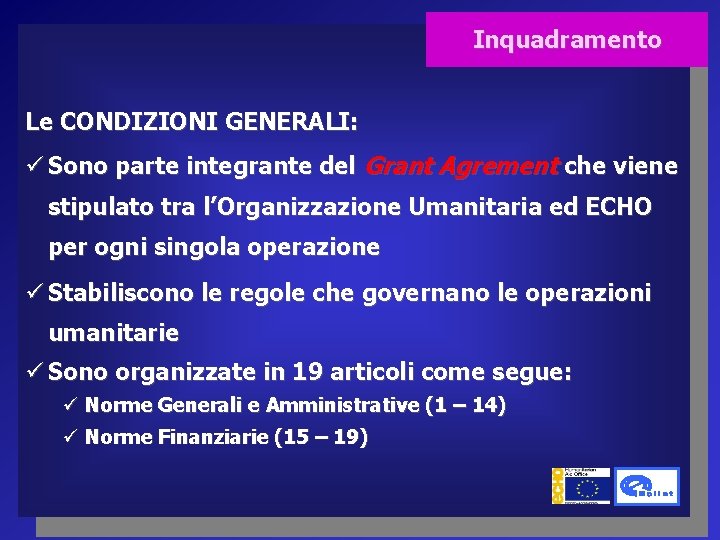 Inquadramento Le CONDIZIONI GENERALI: ü Sono parte integrante del Grant Agrement che viene stipulato