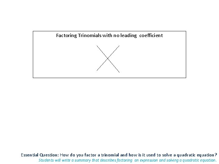 Factoring Trinomials with no leading coefficient Essential Question: How do you factor a trinomial
