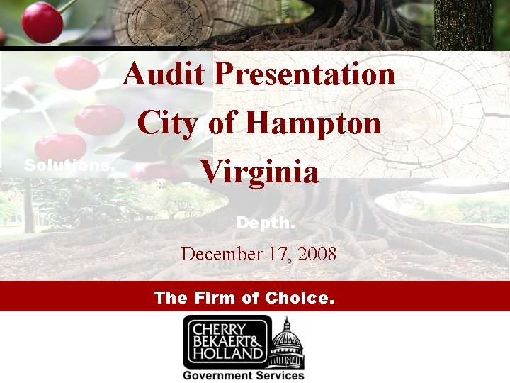 Audit Presentation City of Hampton Solutions. Character. Virginia Depth. December 17, 2008 The Firm