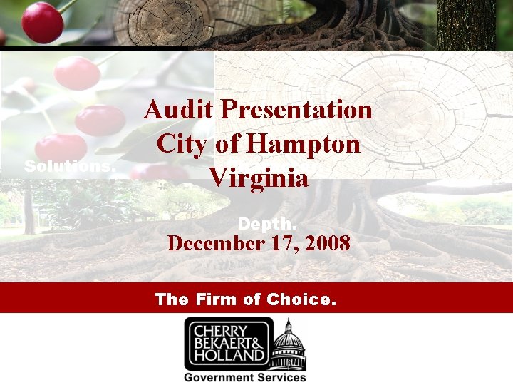 Solutions. Audit Presentation City of Hampton Character. Virginia Depth. December 17, 2008 The Firm