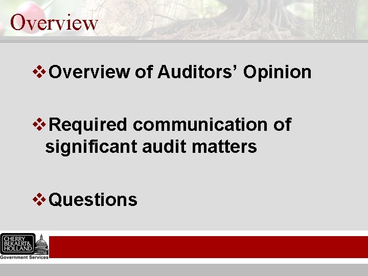Overview v. Overview of Auditors’ Opinion v. Required communication of significant audit matters v.