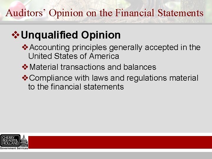 Auditors’ Opinion on the Financial Statements v. Unqualified Opinion v. Accounting principles generally accepted