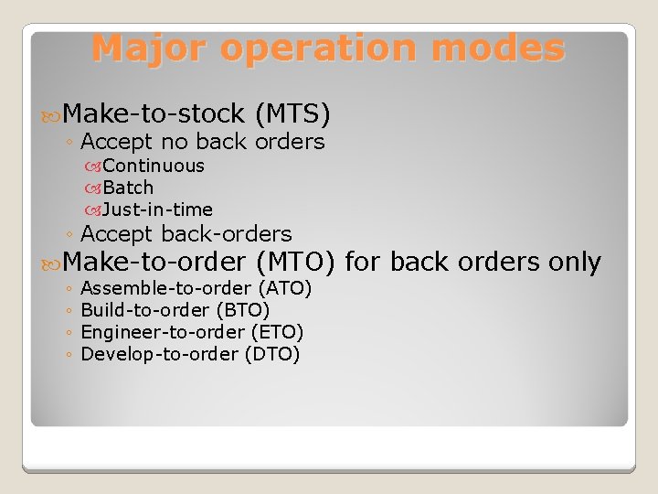 Major operation modes Make-to-stock (MTS) ◦ Accept no back orders Continuous Batch Just-in-time ◦