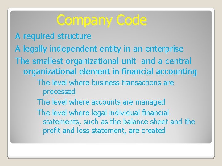 Company Code A required structure A legally independent entity in an enterprise The smallest