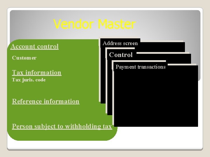 Vendor Master Account control Customer Address screen Control Tax information Tax juris. code Reference