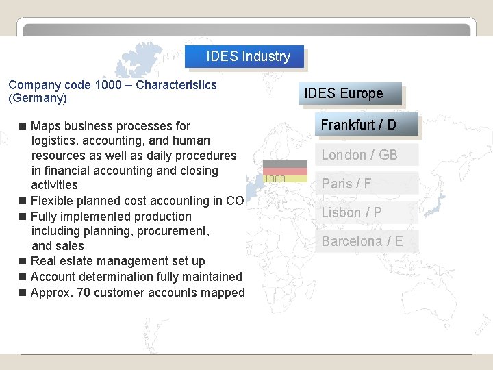 IDES Industry Company code 1000 – Characteristics (Germany) n Maps business processes for logistics,