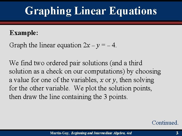 Graphing Linear Equations Example: Graph the linear equation 2 x – y = –