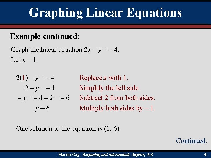 Graphing Linear Equations Example continued: Graph the linear equation 2 x – y =