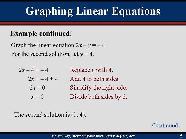 Graphing Linear Equations Example continued: Graph the linear equation 2 x – y =