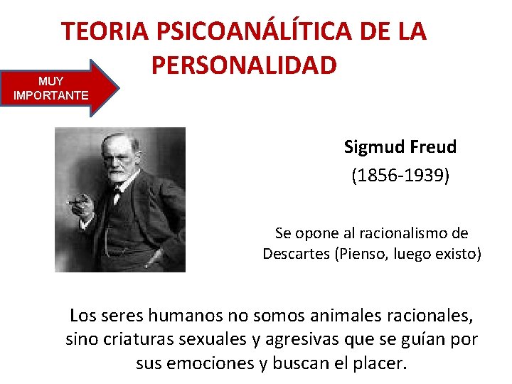 TEORIA PSICOANÁLÍTICA DE LA PERSONALIDAD MUY IMPORTANTE Sigmud Freud (1856 -1939) Se opone al