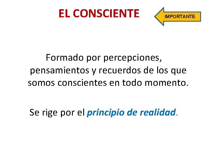 EL CONSCIENTE IMPORTANTE Formado por percepciones, pensamientos y recuerdos de los que somos conscientes