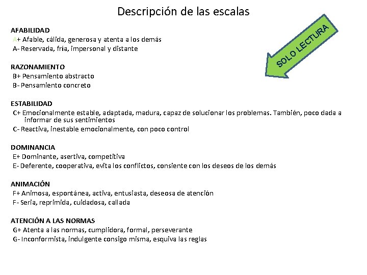 Descripción de las escalas A R U AFABILIDAD A+ Afable, cálida, generosa y atenta