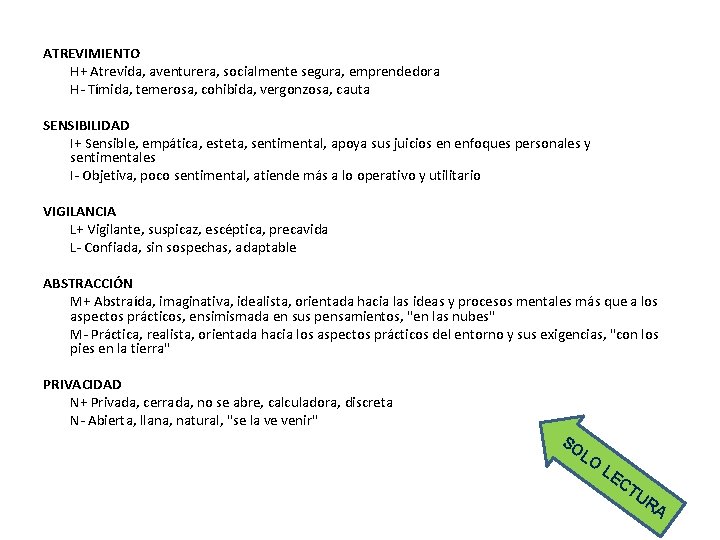 ATREVIMIENTO H+ Atrevida, aventurera, socialmente segura, emprendedora H- Tímida, temerosa, cohibida, vergonzosa, cauta SENSIBILIDAD