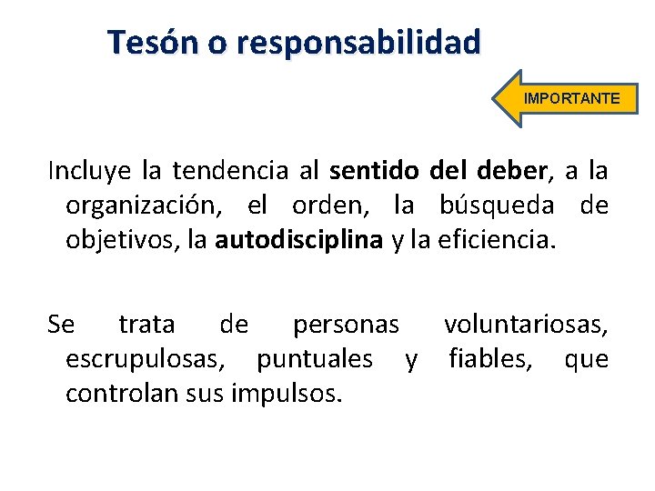 Tesón o responsabilidad IMPORTANTE Incluye la tendencia al sentido del deber, a la organización,