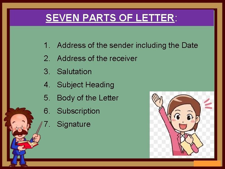 SEVEN PARTS OF LETTER: 1. Address of the sender including the Date 2. Address