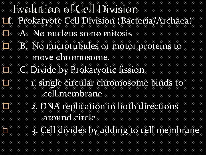 Evolution of Cell Division �I. Prokaryote Cell Division (Bacteria/Archaea) � � � A. No