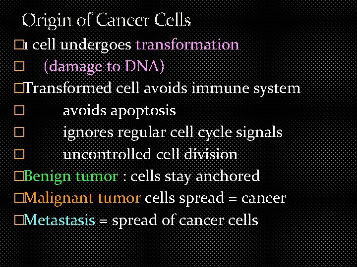 Origin of Cancer Cells � 1 cell undergoes transformation (damage to DNA) �Transformed cell