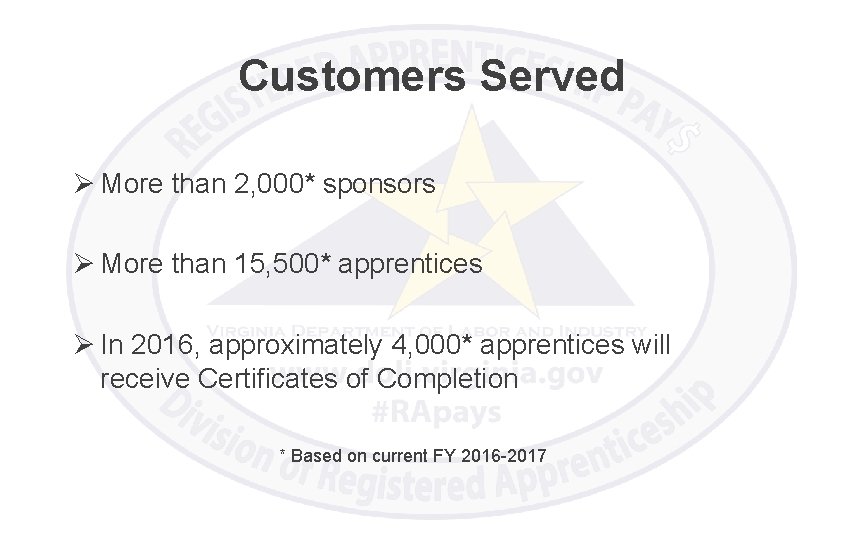 Customers Served Ø More than 2, 000* sponsors Ø More than 15, 500* apprentices