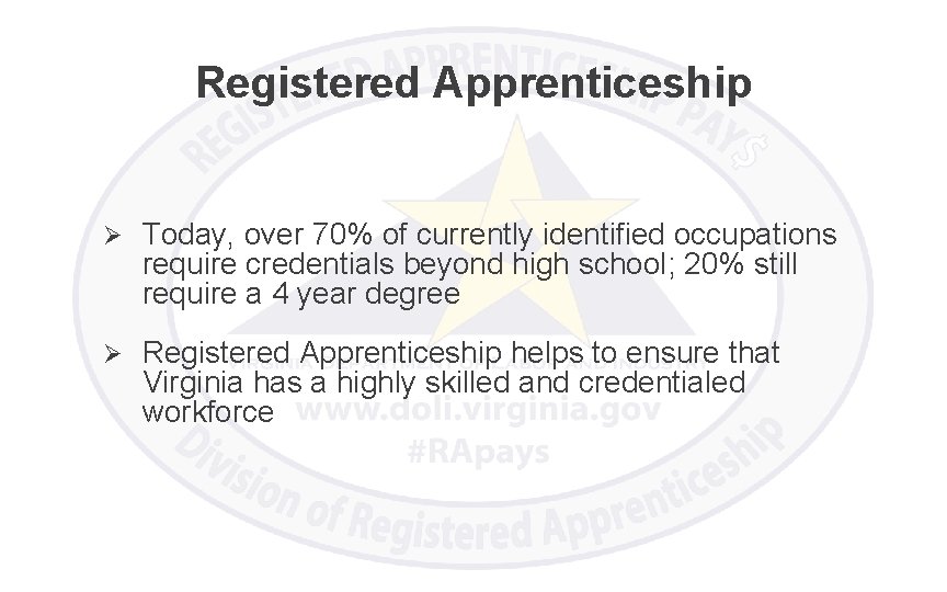 Registered Apprenticeship Ø Today, over 70% of currently identified occupations require credentials beyond high