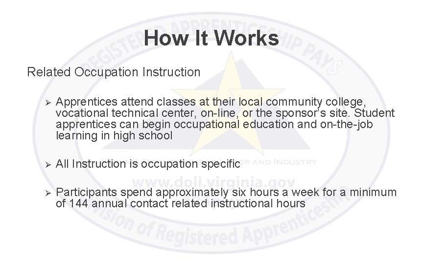 How It Works Related Occupation Instruction Ø Apprentices attend classes at their local community