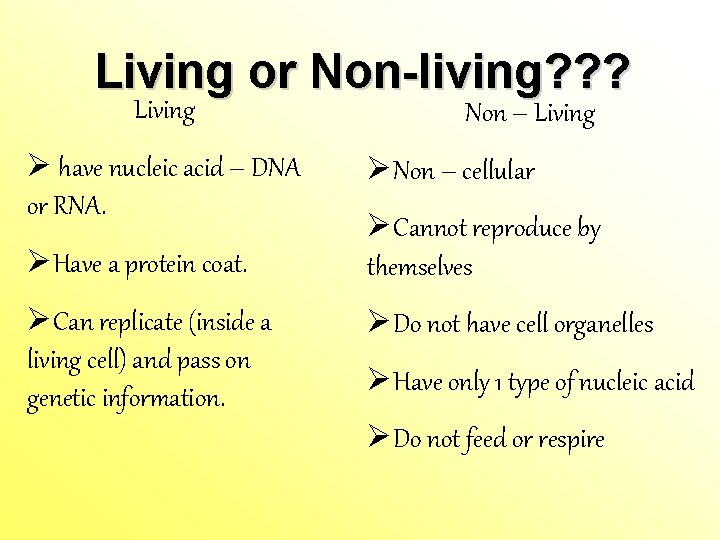 Living or Non-living? ? ? Living Ø have nucleic acid – DNA or RNA. Living or Non-living? ? ? Living Ø have nucleic acid – DNA or RNA.
