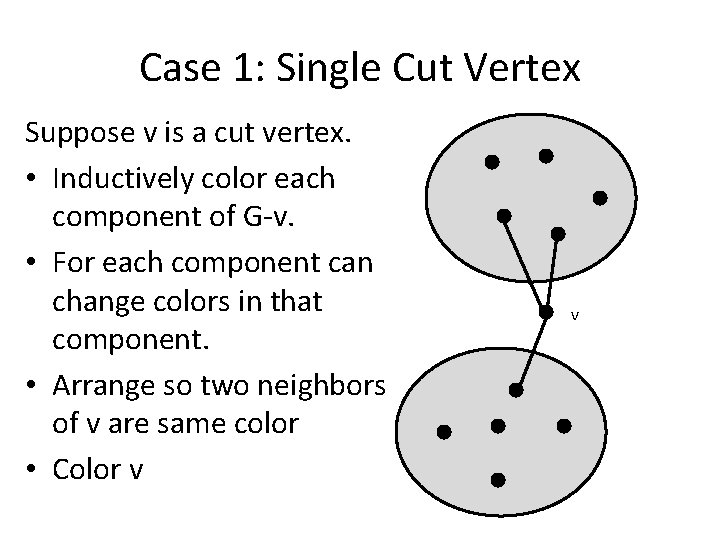 Case 1: Single Cut Vertex Suppose v is a cut vertex. • Inductively color