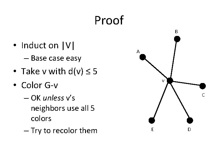 Proof B • Induct on |V| – Base case easy A • Take v