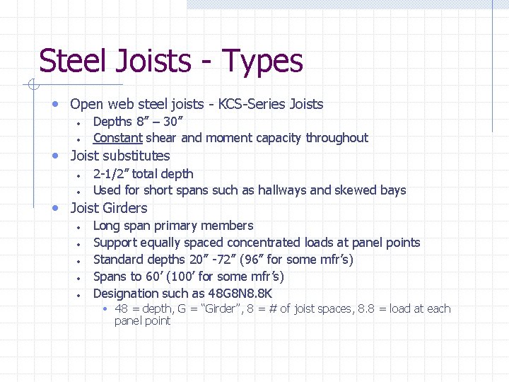 Steel Joists - Types • Open web steel joists - KCS-Series Joists • •