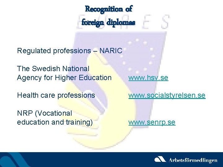 Recognition of foreign diplomas Regulated professions – NARIC The Swedish National Agency for Higher