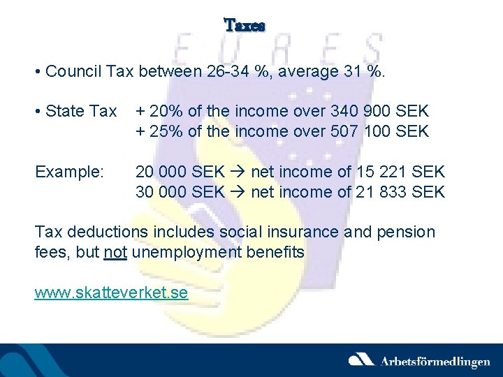 Taxes • Council Tax between 26 -34 %, average 31 %. • State Tax