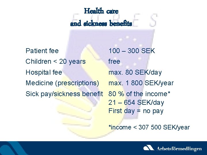 Health care and sickness benefits Patient fee 100 – 300 SEK Children < 20
