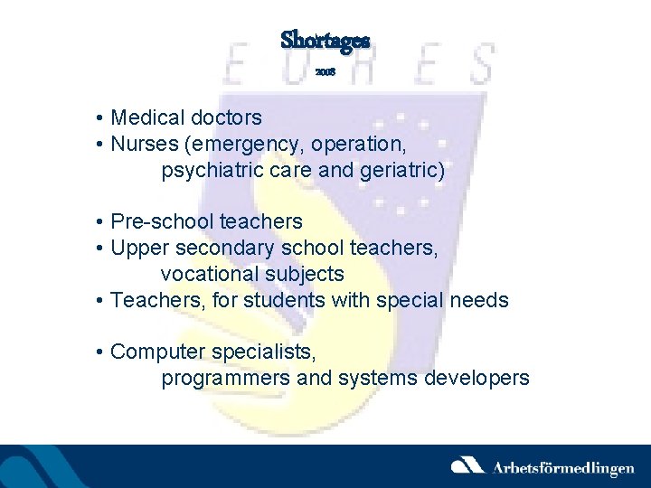 Shortages 2008 • Medical doctors • Nurses (emergency, operation, psychiatric care and geriatric) •