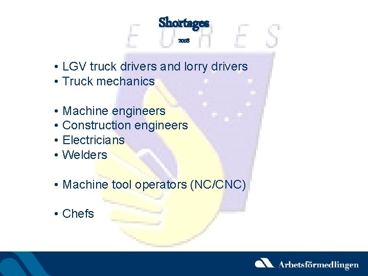 Shortages 2008 • LGV truck drivers and lorry drivers • Truck mechanics • Machine