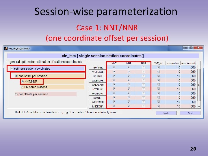 Session-wise parameterization Case 1: NNT/NNR (one coordinate offset per session) 20 