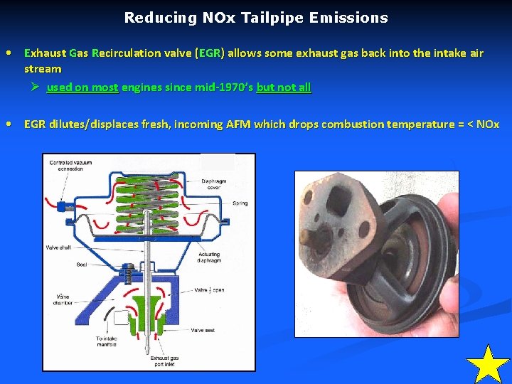 Reducing NOx Tailpipe Emissions • Exhaust Gas Recirculation valve (EGR) allows some exhaust gas