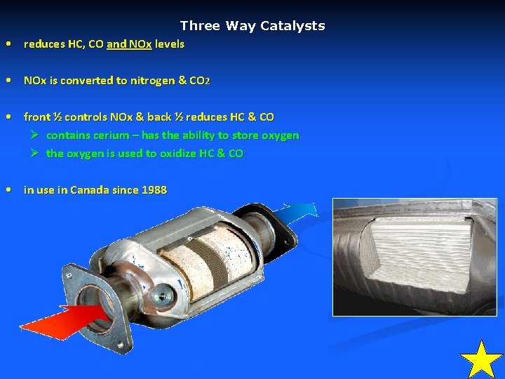 Three Way Catalysts • reduces HC, CO and NOx levels • NOx is converted