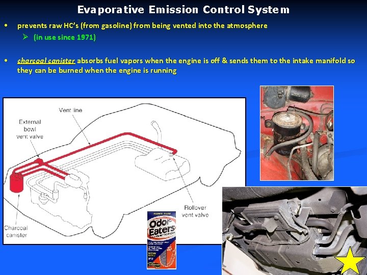 Evaporative Emission Control System • prevents raw HC’s (from gasoline) from being vented into