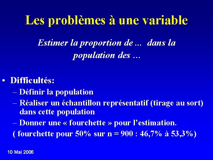 Les problèmes à une variable Estimer la proportion de. . . dans la population