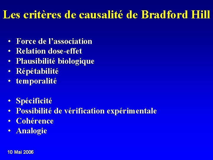 Les critères de causalité de Bradford Hill • • • Force de l’association Relation