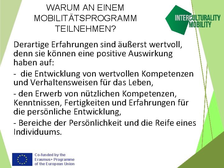 WARUM AN EINEM MOBILITÄTSPROGRAMM TEILNEHMEN? Derartige Erfahrungen sind äußerst wertvoll, denn sie können eine