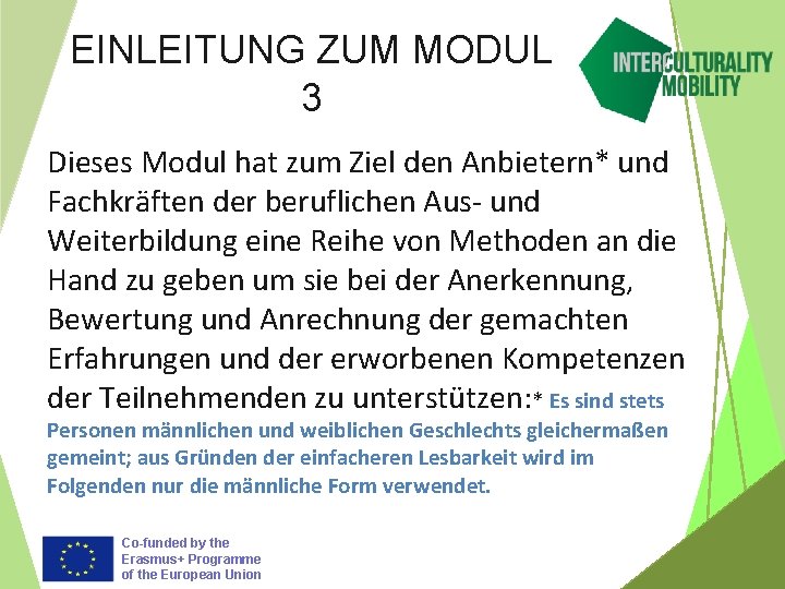 EINLEITUNG ZUM MODUL 3 Dieses Modul hat zum Ziel den Anbietern* und Fachkräften der