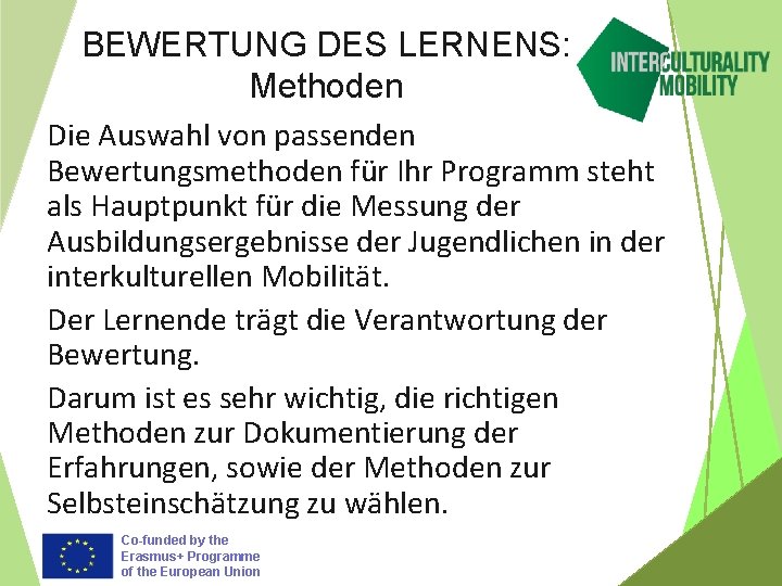 BEWERTUNG DES LERNENS: Methoden Die Auswahl von passenden Bewertungsmethoden für Ihr Programm steht als