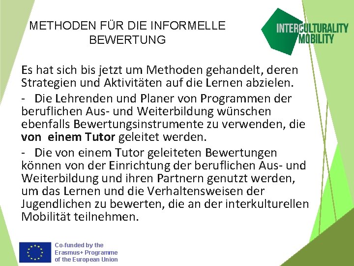 METHODEN FÜR DIE INFORMELLE BEWERTUNG Es hat sich bis jetzt um Methoden gehandelt, deren