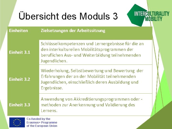 Übersicht des Moduls 3 Einheiten Zielsetzungen der Arbeitssitzung Einheit 3. 1 Schlüsselkompetenzen und Lernergebnisse