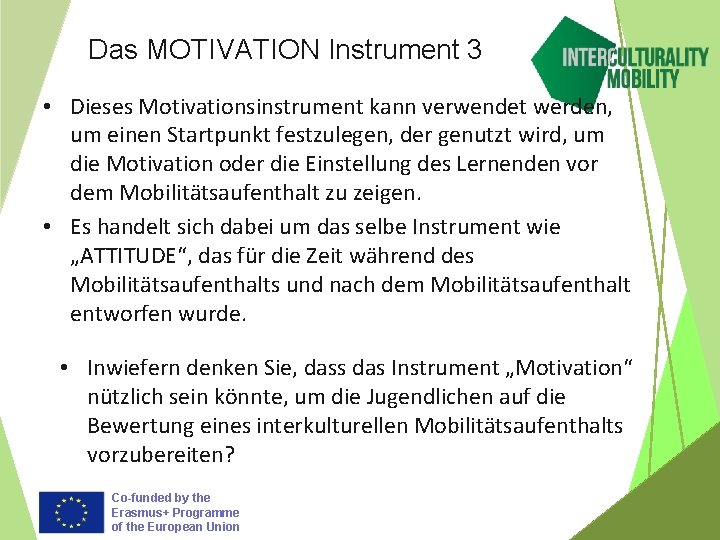 Das MOTIVATION Instrument 3 • Dieses Motivationsinstrument kann verwendet werden, um einen Startpunkt festzulegen,