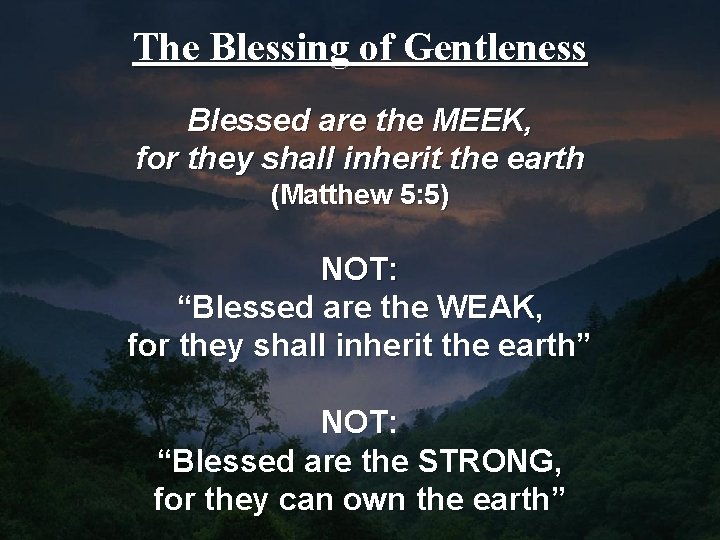 The Blessing of Gentleness Blessed are the MEEK, for they shall inherit the earth
