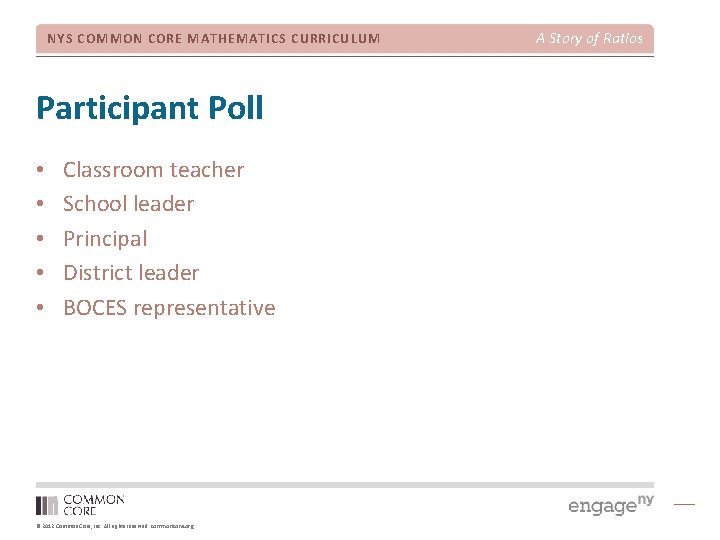 NYS COMMON CORE MATHEMATICS CURRICULUM Participant Poll • • • Classroom teacher School leader